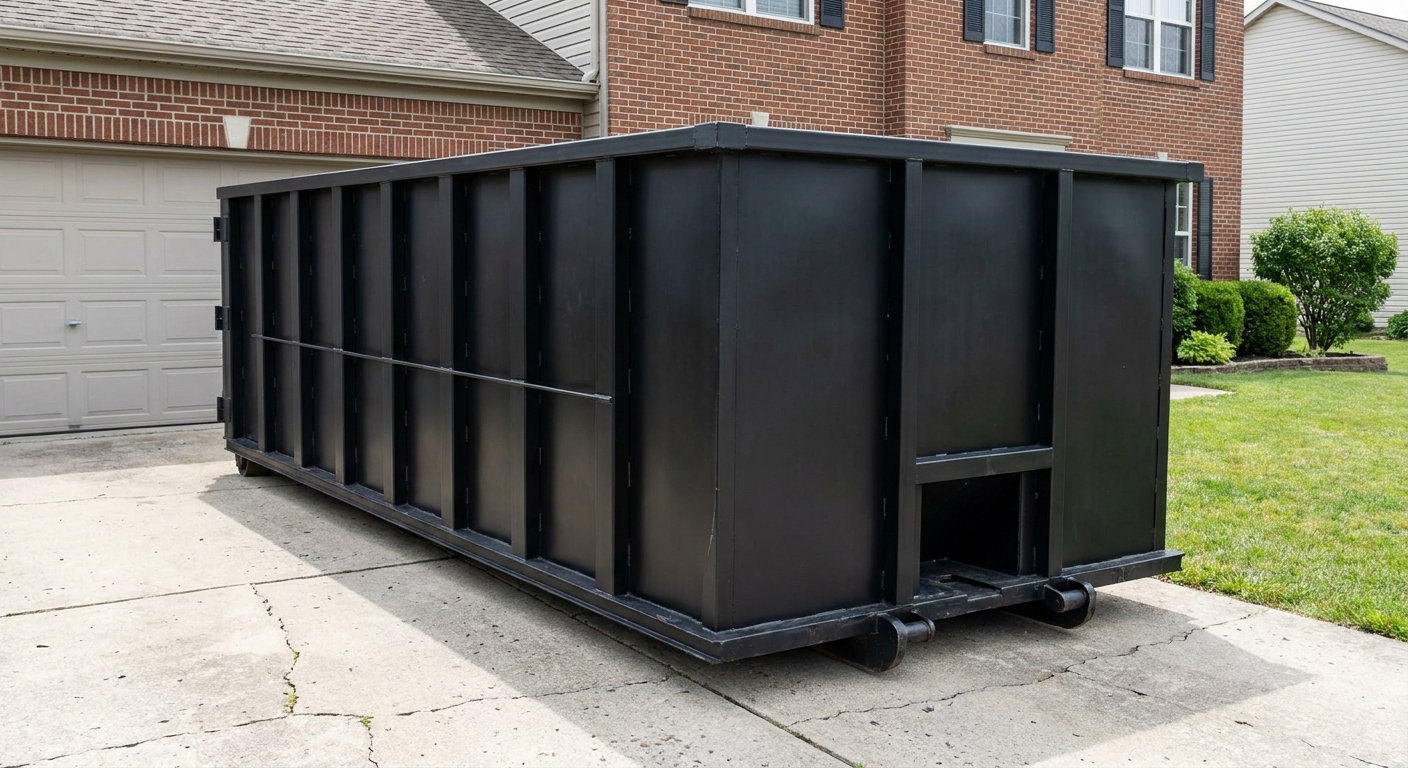 Matte-black 20-yard roll-off container on a South San Francisco residential concrete driveway with reinforced ribbed steel sidewalls and a hinged rear walk-in door, clean bright daylight.