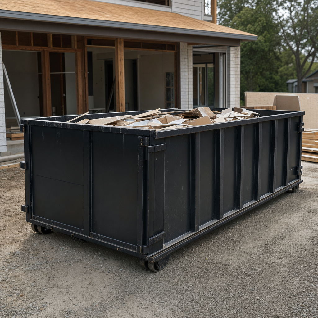 Large matte-black 30-yard construction roll-off dumpster at an active South San Francisco jobsite, steel-gray top rails and bottom rollers visible, loaded with construction debris.