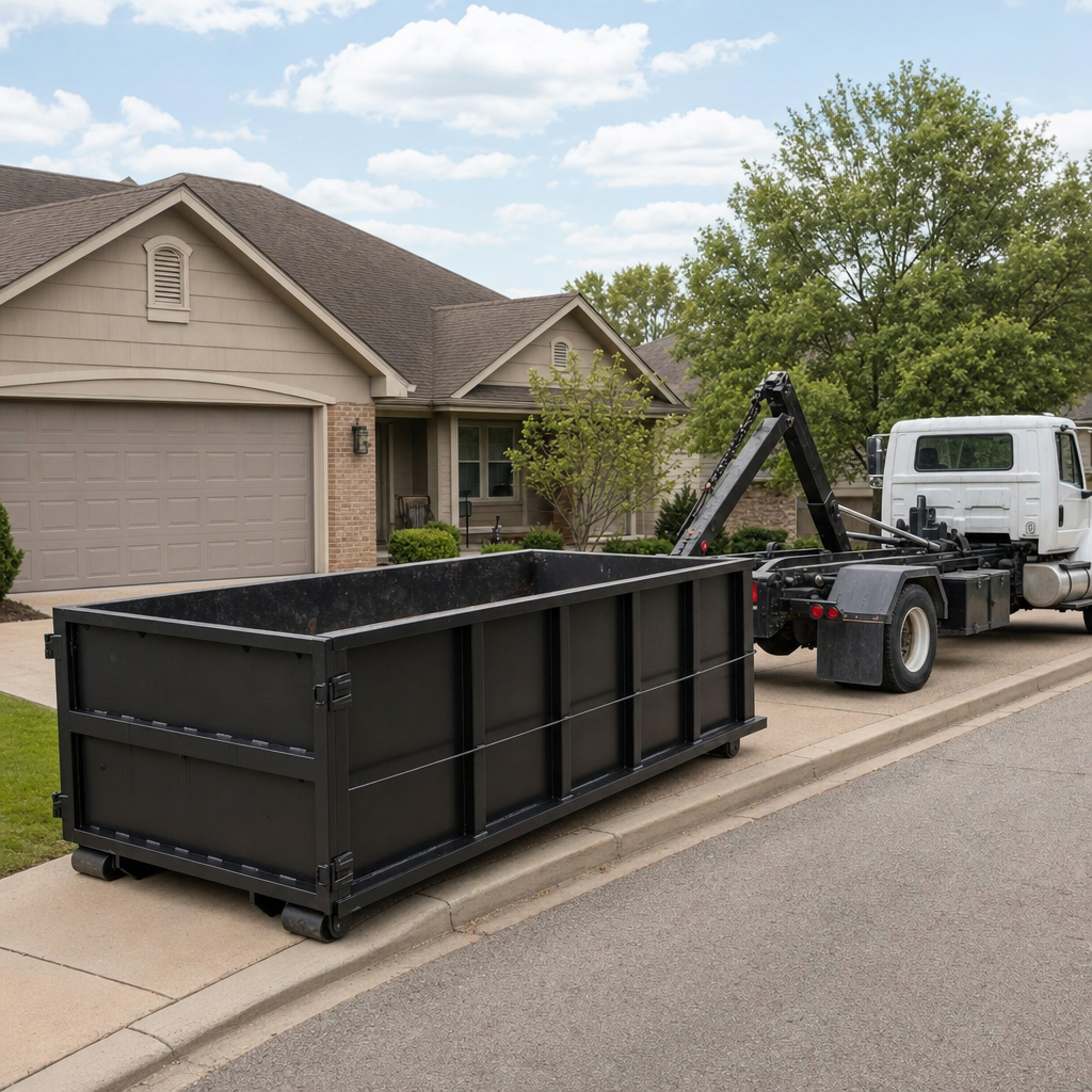 Wide documentary shot of a matte-black roll-off dumpster on a South San Francisco residential driveway in the foreground and a contractor jobsite container in the soft-focus background, bright daylight, calm and orderly composition.