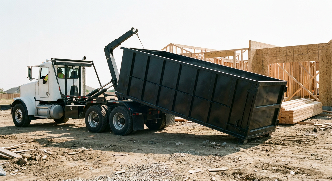 Matte-black roll-off dumpster being delivered onto a clean residential concrete driveway in South San Francisco by an unmarked white hooklift hauler truck, bright morning daylight, documentary 35mm perspective.